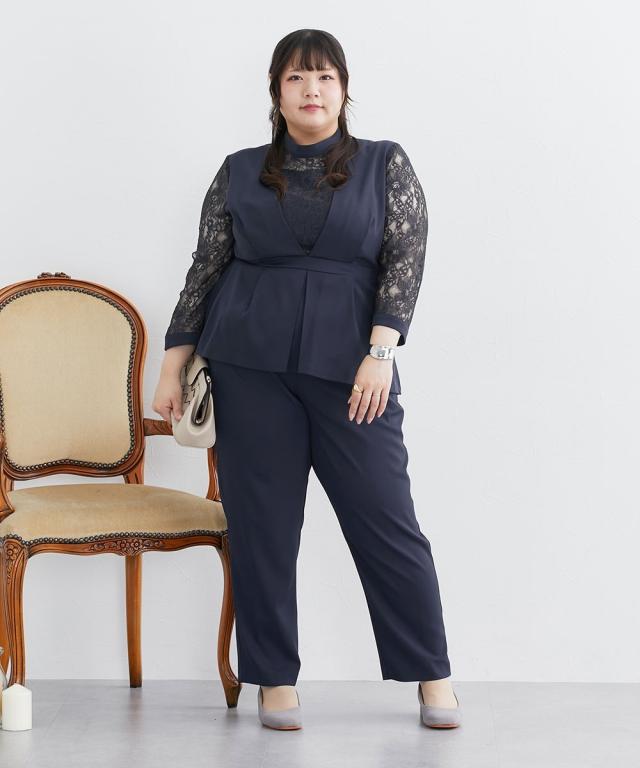 パーティドレス パンツ 大きいサイズ レディース 結婚式 パーティー ドレス スウィッチング レース ブラウス ＋テーパード 有  二次会 4L/5L ニッセン nissen agesugi_sfaの通販は
