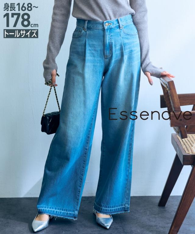 ワイドパンツ トールサイズ レディース 高身長 綿100％ タック デニム ワイド パンツ Essenave  ゆったり 体型カバー 美脚 ウエスト64/67/68cm ニッセン nissen agesugi_sfaの通販は 6,589円