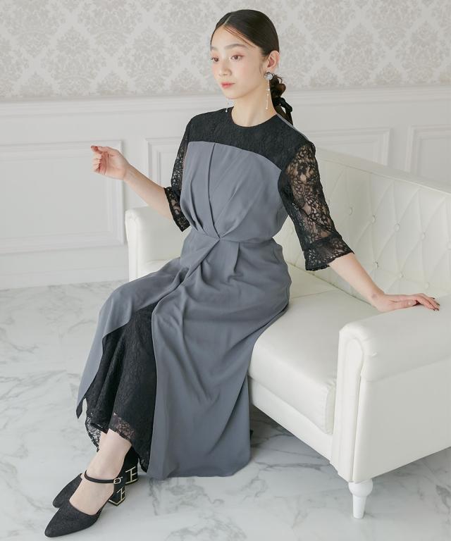 結婚式・パーティードレス】タックデザインワンピース＋レースワイド