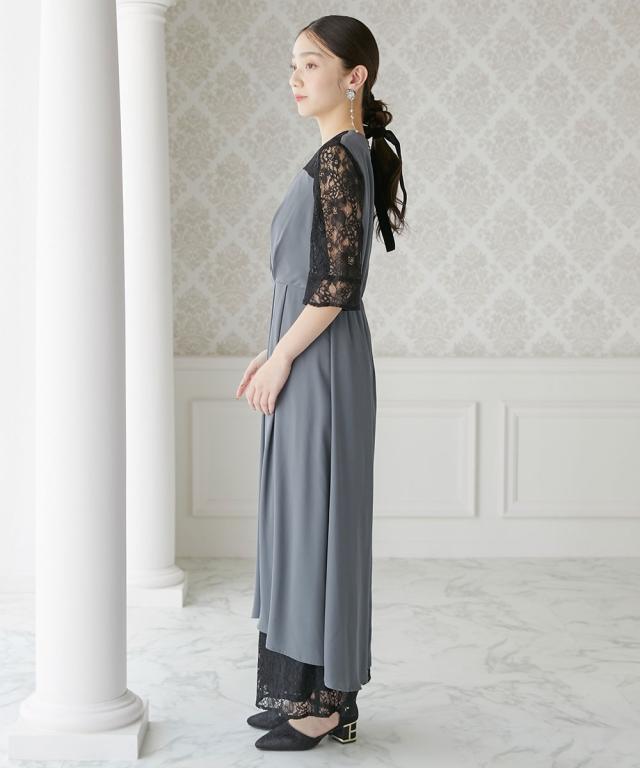 結婚式・パーティードレス】タックデザインワンピース＋レースワイド