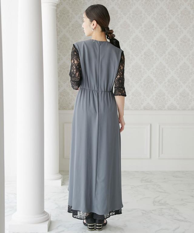 結婚式・パーティードレス】タックデザインワンピース＋レースワイド