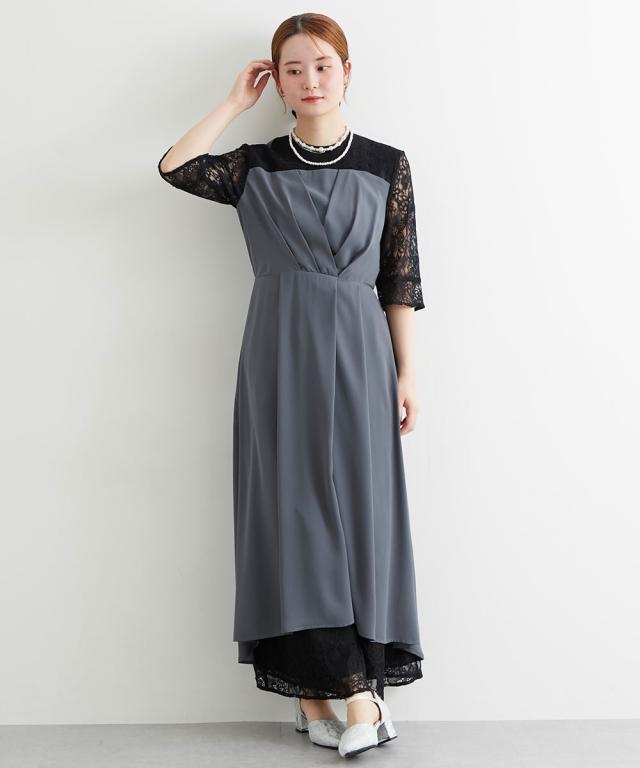 結婚式・パーティードレス】タックデザインワンピース＋レースワイド