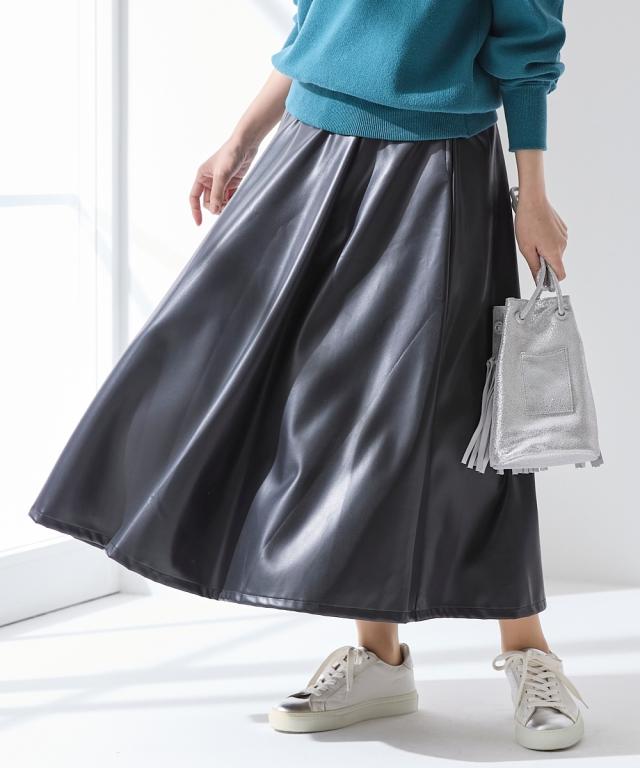 ロングスカート 大きいサイズ レディース フェイクレザーフレア スカート OtonaSMILE マキシスカート 長め ロンスカ 5L/6L ニッセン nissen_4