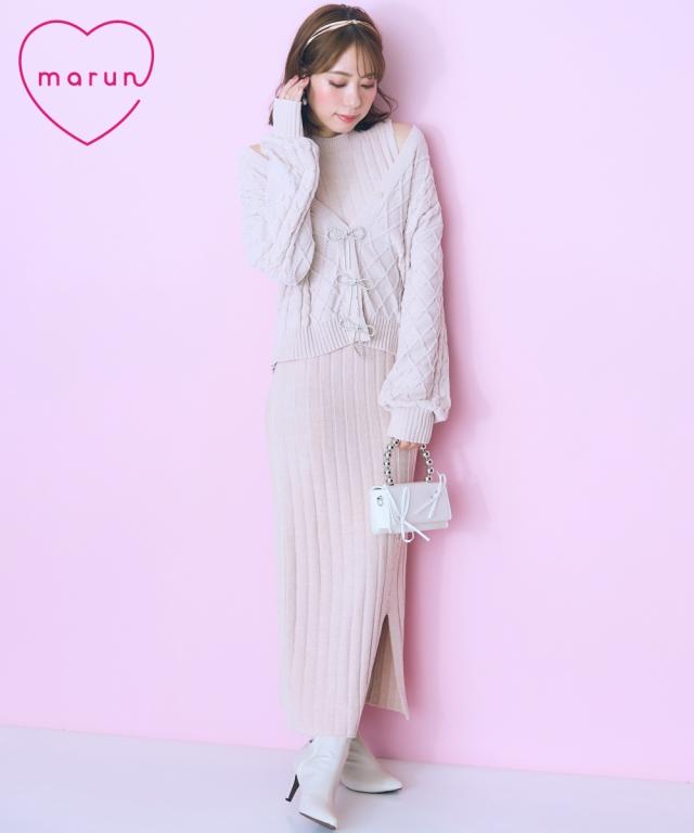 カーディガン 大きいサイズ レディース ケーブル編ラメモール ニット リボンブローチ付 marun 冬  羽織り 冷房対策 6L/8L/10L ニッセン nissen