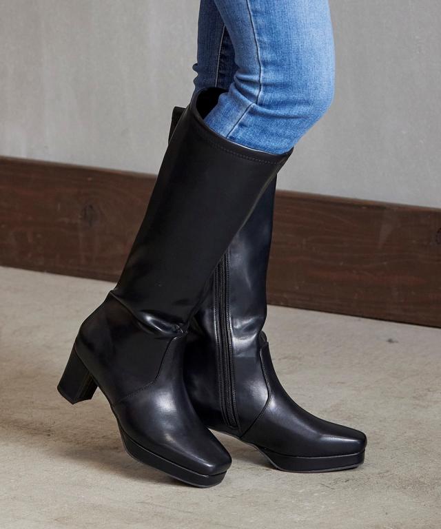 大きいサイズ レディース ゆったり幅広 ストーム付 ストレッチ ロング ブーツ 低反発中敷 ワイズ4E  シューズ 23.0〜23.5/24.0〜24.5cm ニッセン nissen