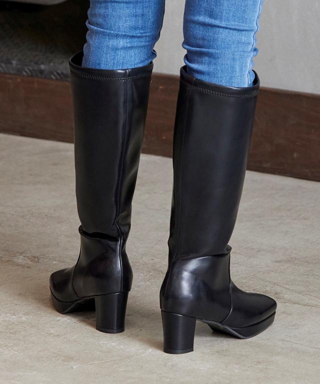 大きいサイズ レディース ゆったり幅広 ストーム付 ストレッチ ロング ブーツ 低反発中敷 ワイズ4E  シューズ 23.0〜23.5/24.0〜24.5cm ニッセン nissen