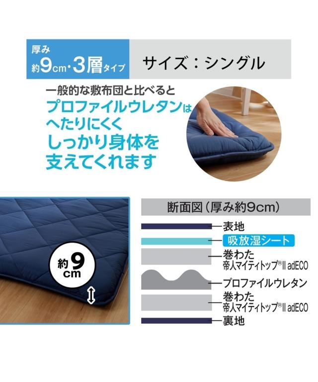 敷布団 寝具 体圧分散プロ ファイル ウレタン入りボリューム敷 布団 防ダニ 抗菌防臭 わた入り ダニクリーンシリーズ 厚み9cm シングル ニッセン nissen_5