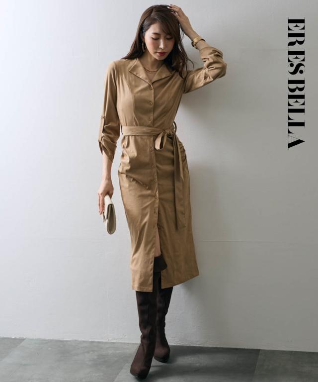 ワンピース ロング マキシ レディース ベルテッド シャツ 有 ERES BELLA  ひざ下 LL/3L ニッセン nissen