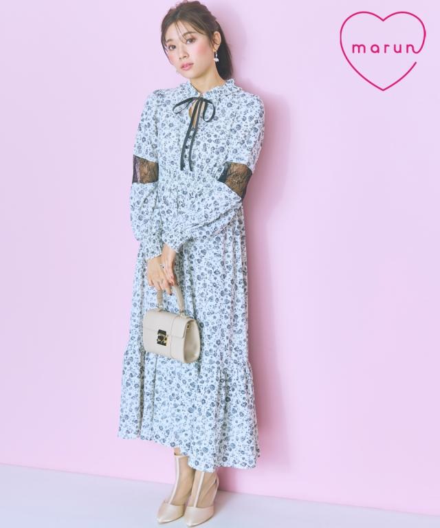 ワンピース ロング マキシ 大きいサイズ レディース ぼかしバラ柄 レース 切り替え marun  ひざ下 6L/8L/10L ニッセン nissenの通販は 11,990円