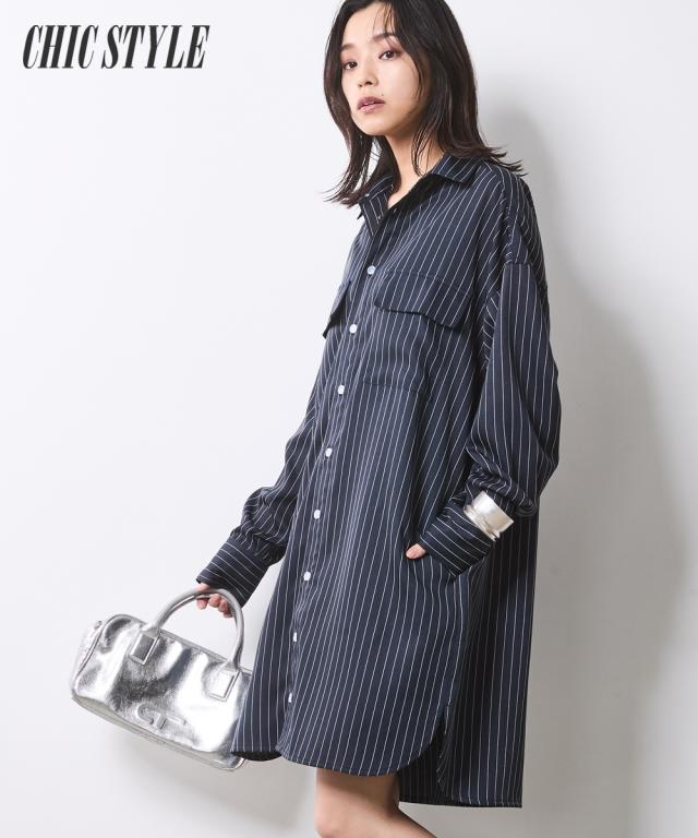 ワンピース ミニ 大きいサイズ レディース ストライプミニ シャツ 有 シックス タイル  ミニワンピ 6L/8L/10L ニッセン nissen