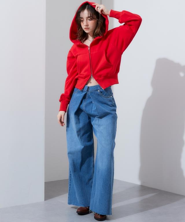 パーカー レディース 裏毛クロップドダブルジップ フーディ M〜L