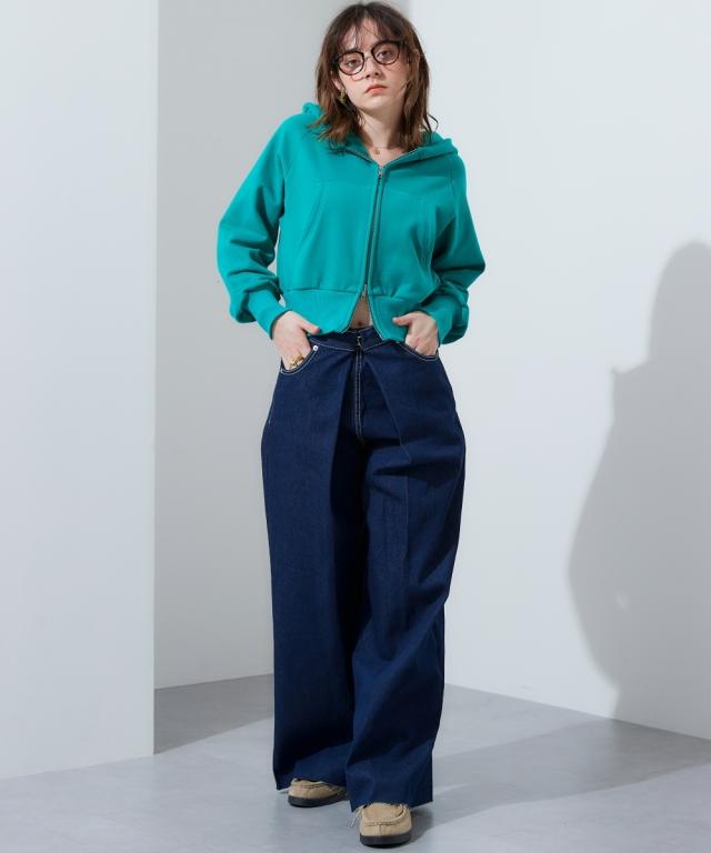 パーカー レディース 裏毛クロップドダブルジップ フーディ M〜L