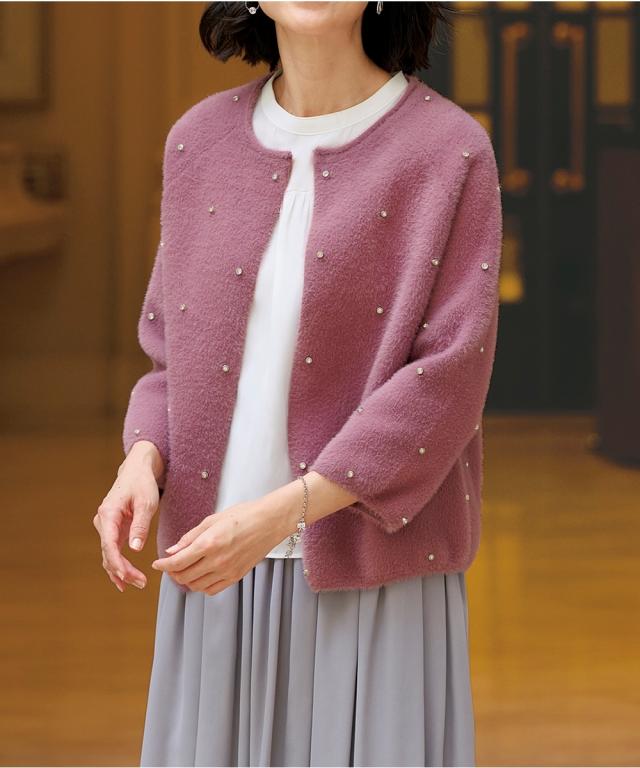 カーディガン シニア ファッション ビジュー付シャギー  羽織り 冷房対策 M〜L ニッセン nissenの通販は
