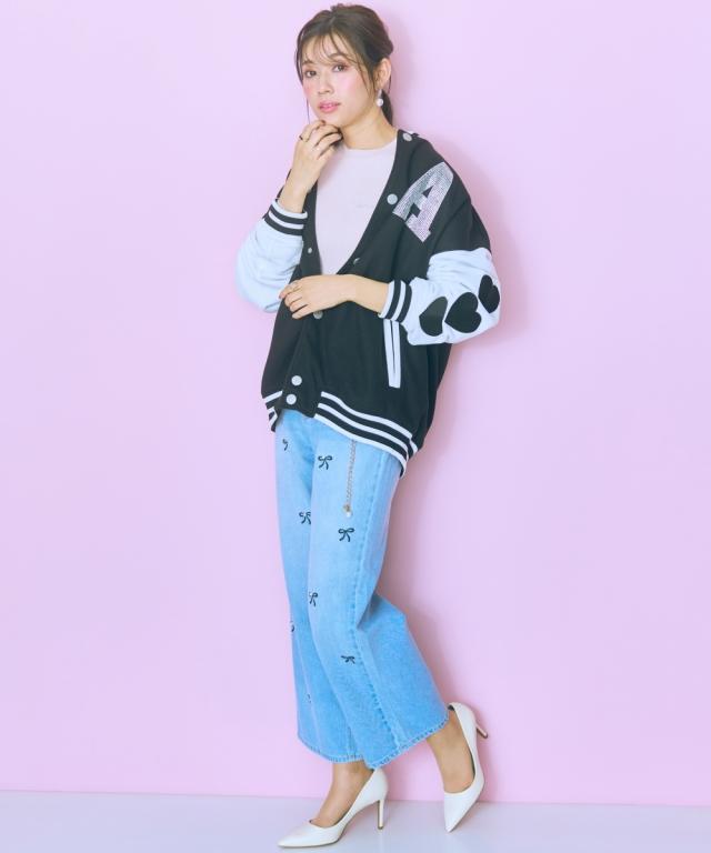 ストレートパンツ 大きいサイズ レディース リボン刺しゅうパール調