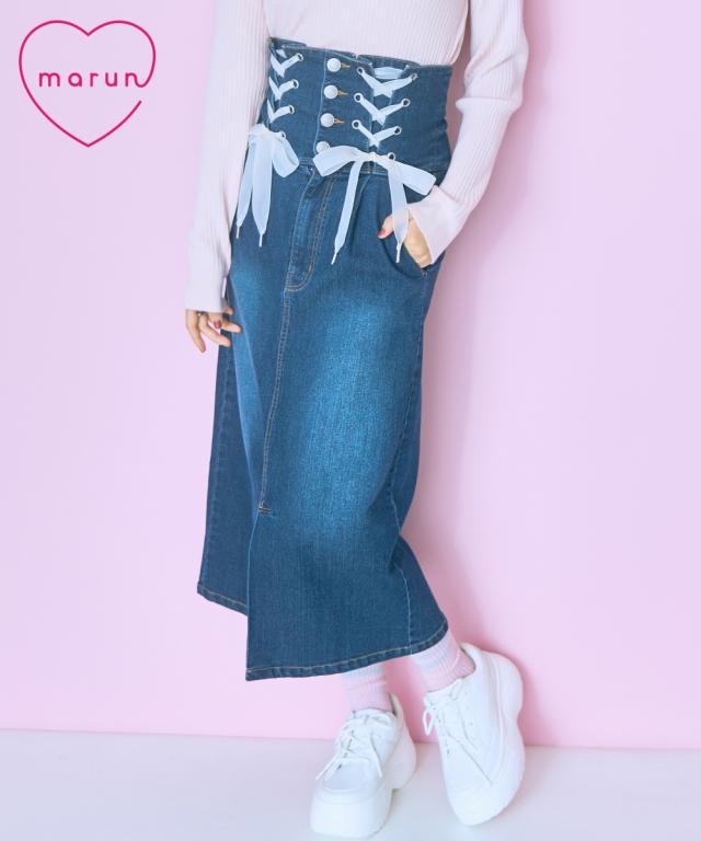 スカート ひざ丈 大きいサイズ レディース 編み上げ デニム marun 6L/8L/10L ニッセン nissen