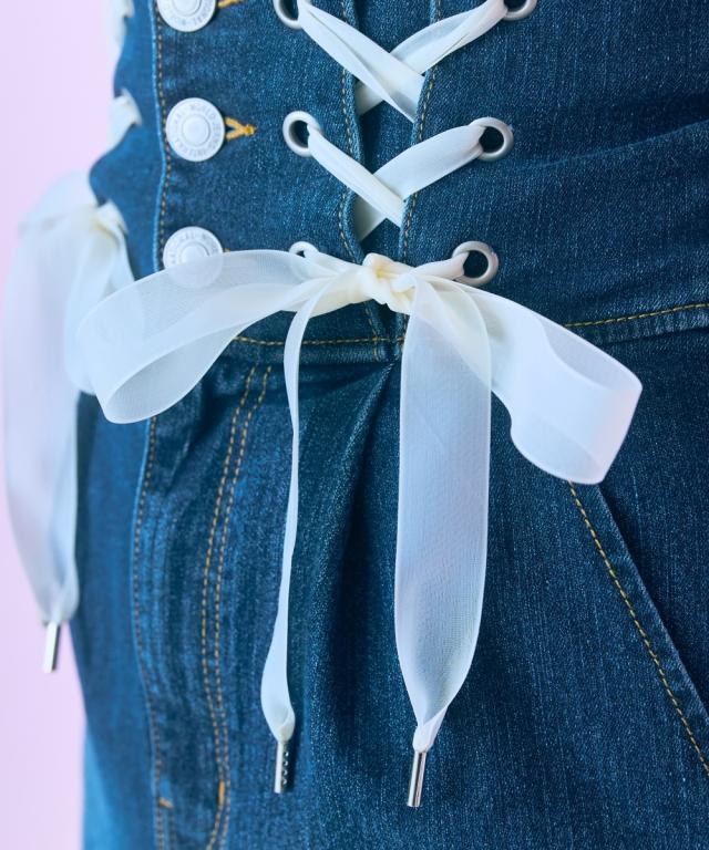 スカート ひざ丈 大きいサイズ レディース 編み上げ デニム marun 6L