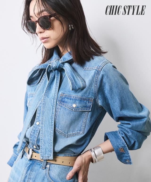 シャツ ブラウス 大きいサイズ レディース 綿100％ ライトオンス デニム リボンタイ付 有 シックス タイル 6L/8L/10L ニッセン nissen