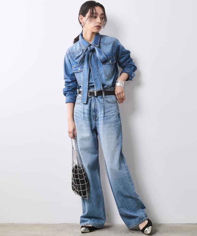 シャツ ブラウス 大きいサイズ レディース 綿100％ ライトオンス デニム リボンタイ付 有 シックス タイル 6L/8L/10L ニッセン nissen_1
