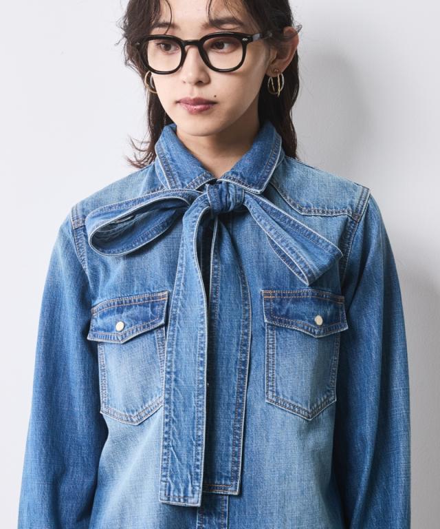 シャツ ブラウス 大きいサイズ レディース 綿100％ ライトオンス デニム リボンタイ付 有 シックス タイル 6L/8L/10L ニッセン nissen_11