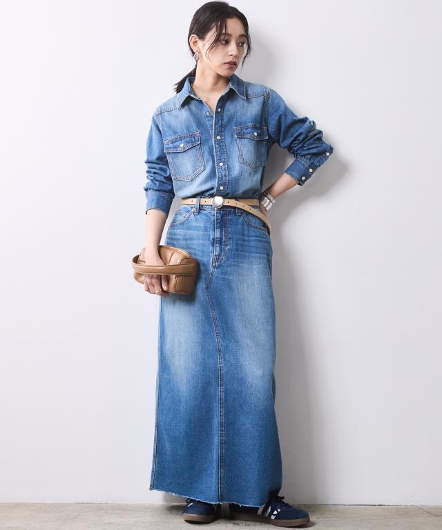 ロングスカート レディース ライトオンス デニム ロング スカート 有 シックス タイル マキシスカート 長め ロンスカ M〜5L ニッセン nissen_2