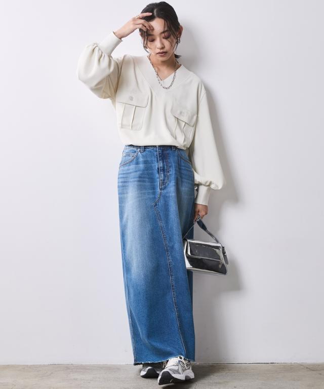ロングスカート レディース ライトオンス デニム ロング スカート 有 シックス タイル マキシスカート 長め ロンスカ M〜5L ニッセン nissen_6
