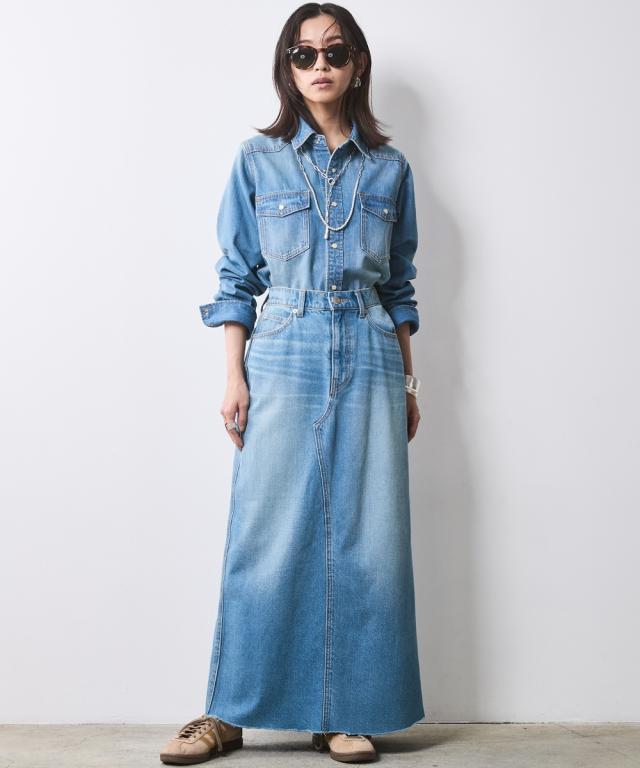 ロングスカート レディース ライトオンス デニム ロング スカート 有 シックス タイル マキシスカート 長め ロンスカ M〜5L ニッセン nissen_18