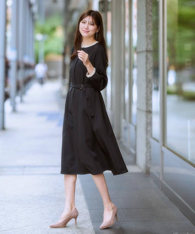 ワンピース ひざ丈 大きいサイズ レディース ベルト付き配色 有 4L/5L