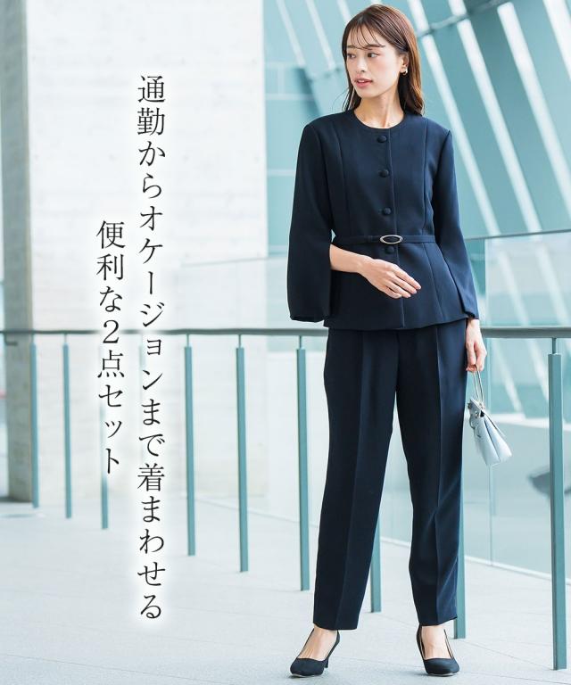 スーツ パンツ フォーマル レディース 入学式 卒業式 袖スリット デザイン ジャケット ウエスト ベルト付 ＋ 有 〔Callarus〕 S/M/L/LL ニッセン nissen_4