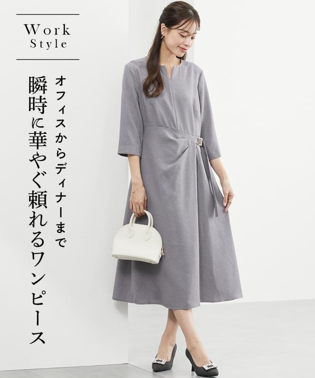 ワンピース ロング マキシ レディース ウエスト ラップ風キーネック  ひざ下 L/M/S ニッセン nissenの通販は 6,613円