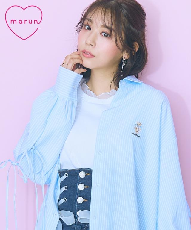 大きいサイズ くまちゃん刺しゅうスリットリボンロングシャツ marun ニッセン nissen