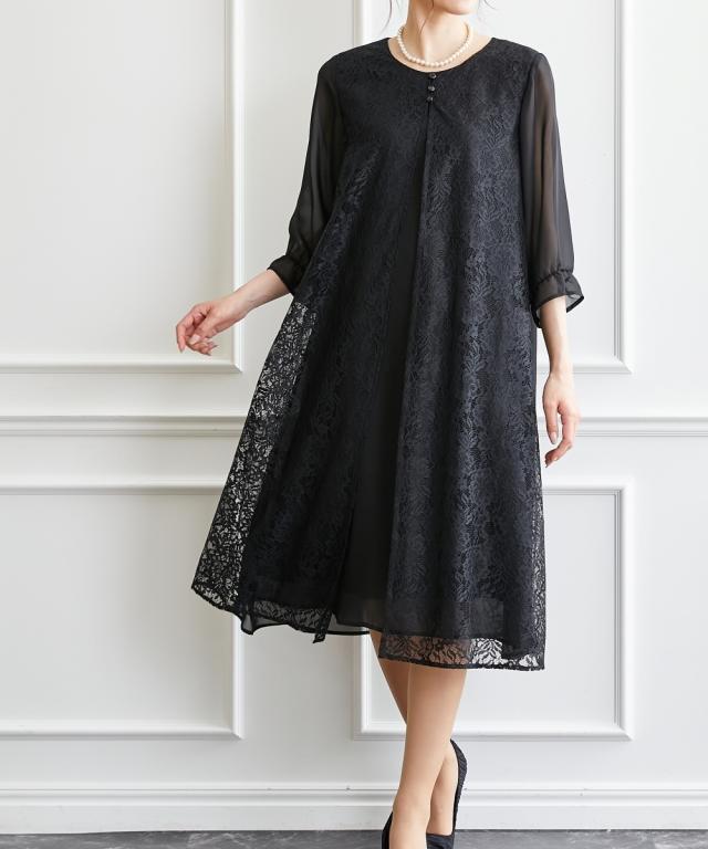 ワンピース ロング マキシ レース 重ね着風シフォンミモレ丈  ひざ下 M/L/LL/3L/4L ニッセン nissen