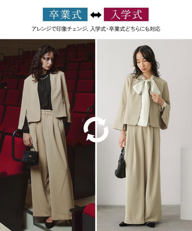 スーツ フォーマル レディース 入学式 卒業式 袖スリット ショート 丈 デザイン ジャケット ＋ワイド ストレッチ パンツ セットアップ ＋ 〔Callarus〕 ニッセン_4