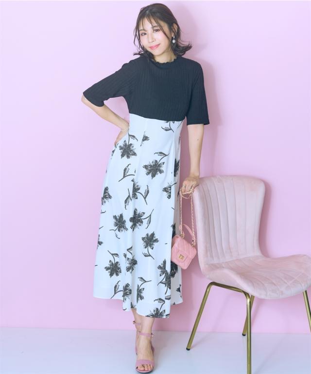 ワンピース ロング マキシ レディース 五分 袖ドッキング花柄 marun 夏