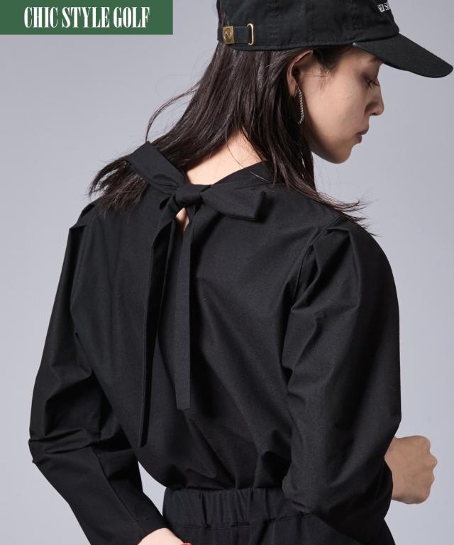 Tシャツ カットソー レディース バック リボンプチ ハイネック プルオーバー 有 シックス タイル ゴルフ 春 夏 秋 M〜5L ニッセン nissen