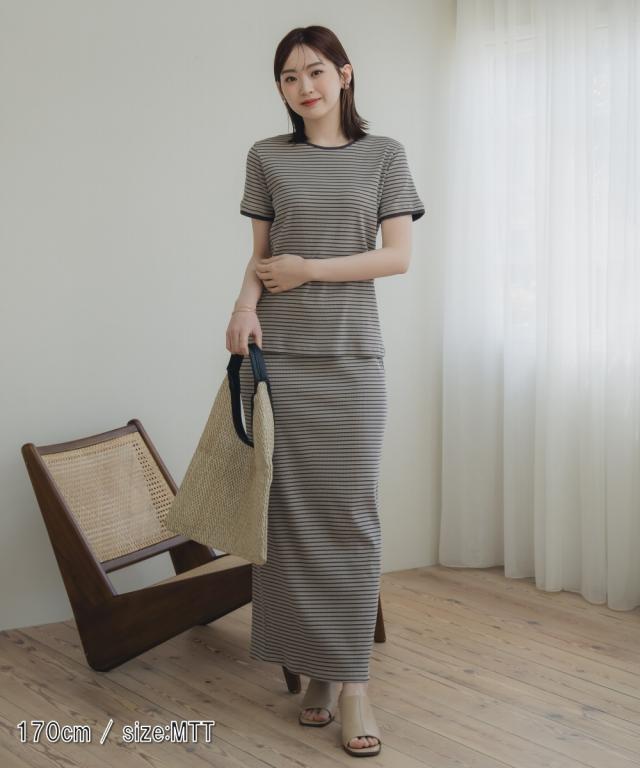 Tシャツ カットソー トールサイズ レディース 高身長 リブボーダー セットアップ ＋ スカート Essenave 夏 LL/3L/4L/5L ニッセン nissen_1
