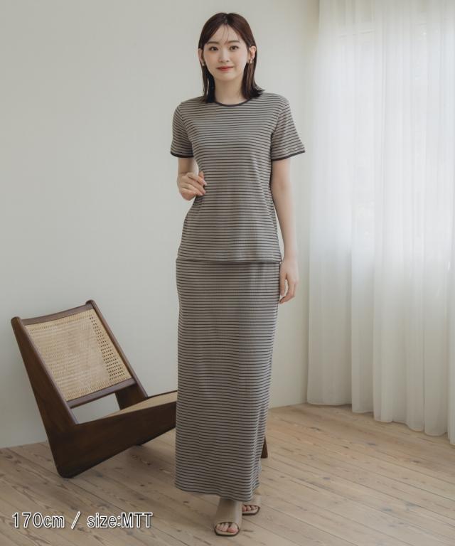 Tシャツ カットソー トールサイズ レディース 高身長 リブボーダー セットアップ ＋ スカート Essenave 夏 LL/3L/4L/5L ニッセン nissen_2