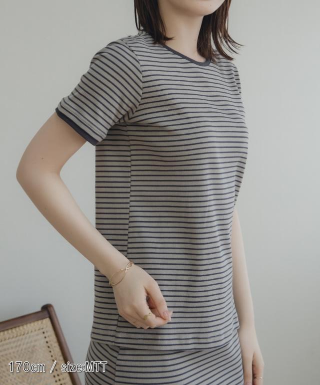 Tシャツ カットソー トールサイズ レディース 高身長 リブボーダー セットアップ ＋ スカート Essenave 夏 LL/3L/4L/5L ニッセン nissen_4