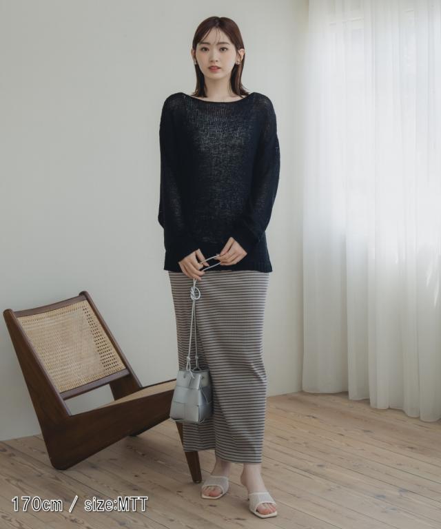 Tシャツ カットソー トールサイズ レディース 高身長 リブボーダー セットアップ ＋ スカート Essenave 夏 LL/3L/4L/5L ニッセン nissen_6