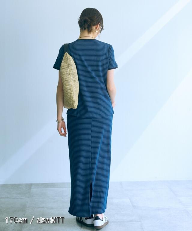Tシャツ カットソー トールサイズ レディース 高身長 リブボーダー セットアップ ＋ スカート Essenave 夏 LL/3L/4L/5L ニッセン nissen_11