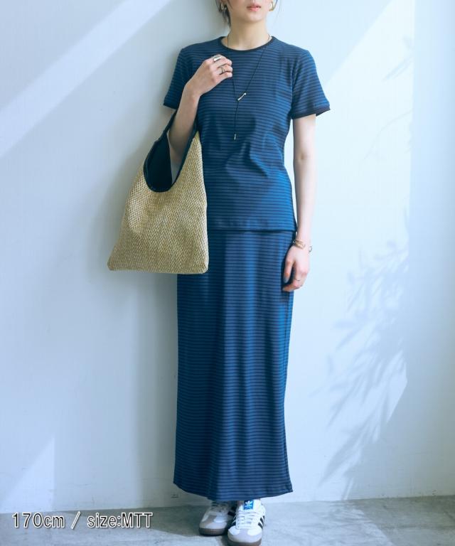 Tシャツ カットソー トールサイズ レディース 高身長 リブボーダー セットアップ ＋ スカート Essenave 夏 LL/3L/4L/5L ニッセン nissen_12