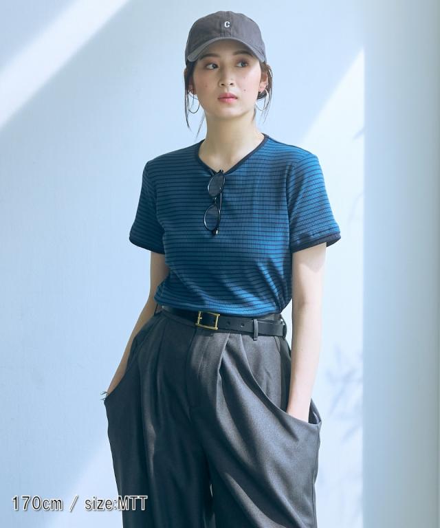 Tシャツ カットソー トールサイズ レディース 高身長 リブボーダー セットアップ ＋ スカート Essenave 夏 LL/3L/4L/5L ニッセン nissen_16