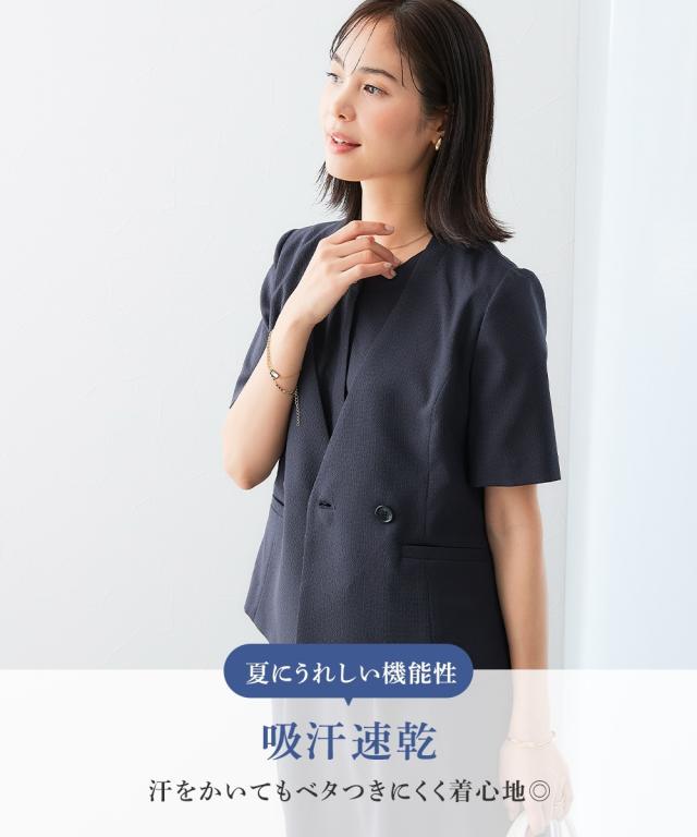 スーツ レディース うすカル サッカー 素材 ワンピース アンサンブル ダブルブレストノーカラー ジャケット ＋ ロング丈 有 夏 ビジネス LL/3L ニッセン nissen_3
