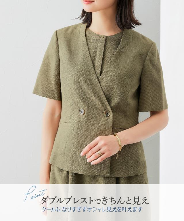 スーツ レディース うすカル サッカー 素材 ワンピース アンサンブル ダブルブレストノーカラー ジャケット ＋ ロング丈 有 夏 ビジネス LL/3L ニッセン nissen_8