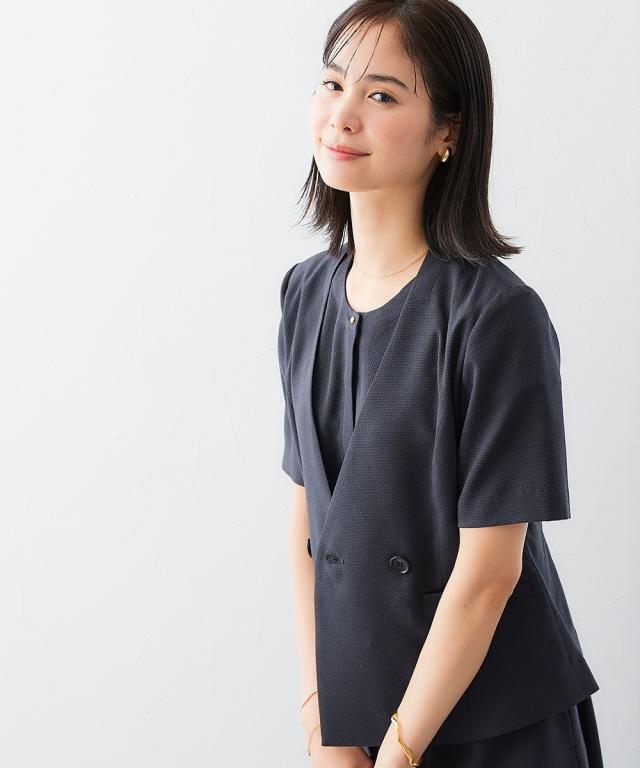 スーツ レディース うすカル サッカー 素材 ワンピース アンサンブル ダブルブレストノーカラー ジャケット ＋ ロング丈 有 夏 ビジネス LL/3L ニッセン nissen_15