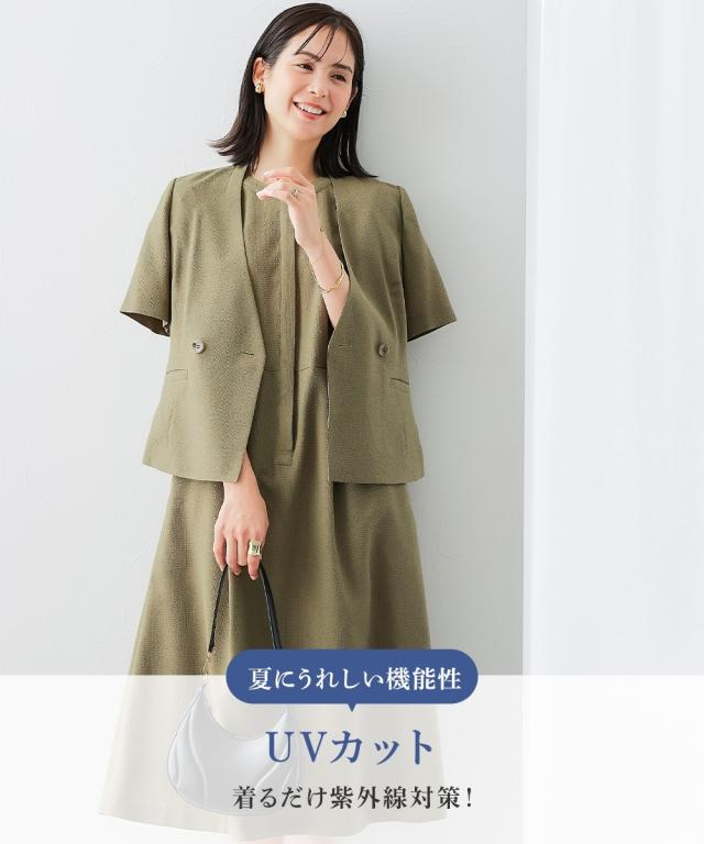 スーツ 大きいサイズ レディース うすカル サッカー 素材 ワンピース アンサンブル ダブルブレストノーカラー ジャケット ＋ ロング丈 有 夏 ニッセン nissen_4