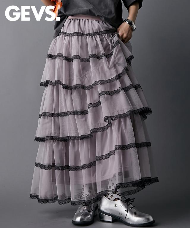 ロングスカート 大きいサイズ レディース チュールティアード マキシ スカート 有 GEVS. 夏 秋 マキシスカート 長め ロンスカ  | 6L/8L/10L | ニッセン nissen