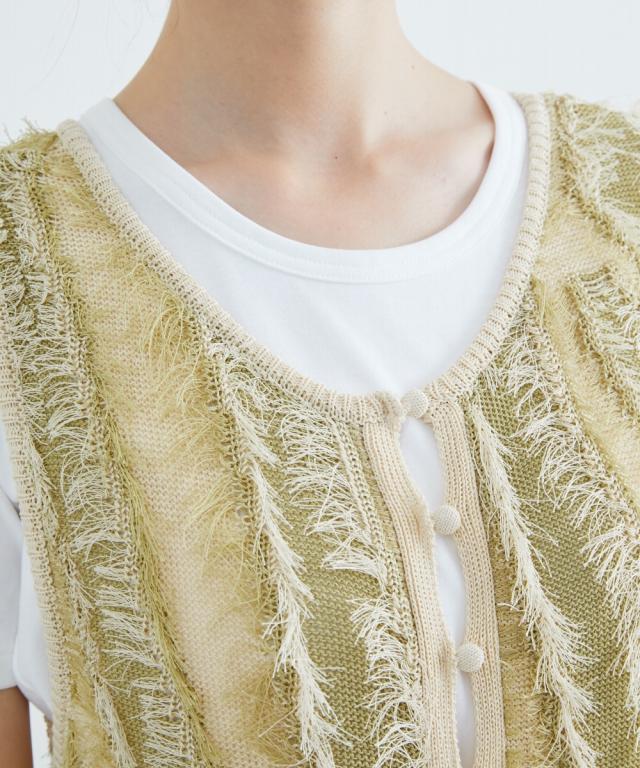 ベスト ジレ 高身長　麻タッチフリンジニットノースリーブジレ（トールサイズ）Essenave レディース ニッセン ベスト トールサイズ レディース 高身長 麻タッチ