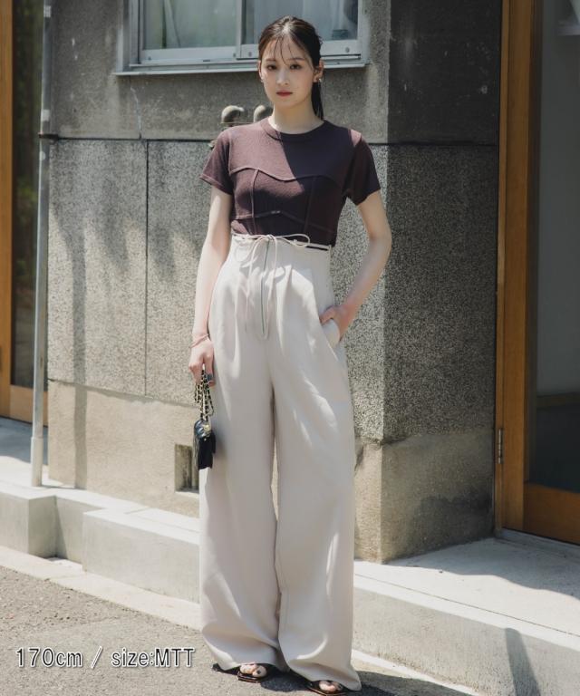 ワイドパンツ トールサイズ レディース 高身長 リボン付ハイ ウエスト タックワイド パンツ Essenave 夏 大きいサイズ ゆったり | LL/3L | ニッセン nissen_1