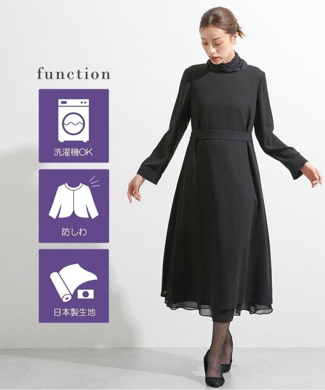 喪服 礼服 ブラックフォーマル レディース 日本製生地使用 洗える防ネック カバー 付き ウエスト リボンシンプル ワンピース 有 〔Callarus〕 ニッセン nissen_2