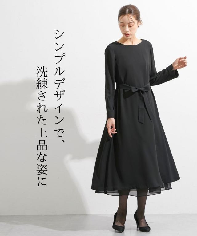 喪服 礼服 ブラックフォーマル レディース 日本製生地使用 洗える防ネック カバー 付き ウエスト リボンシンプル ワンピース 有 〔Callarus〕 ニッセン nissen_3